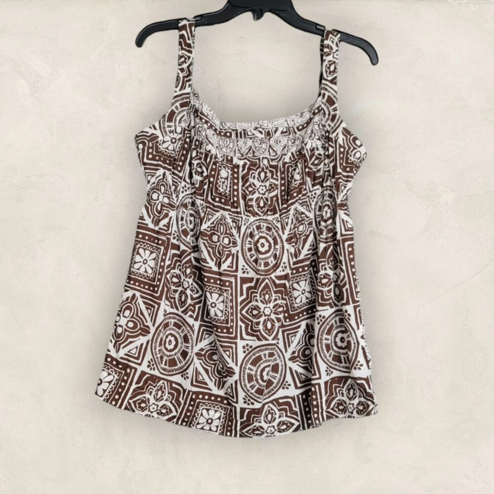 Tommy Hilfiger Brown White Sleeveless Geometric Print Ruffled Top Size Large